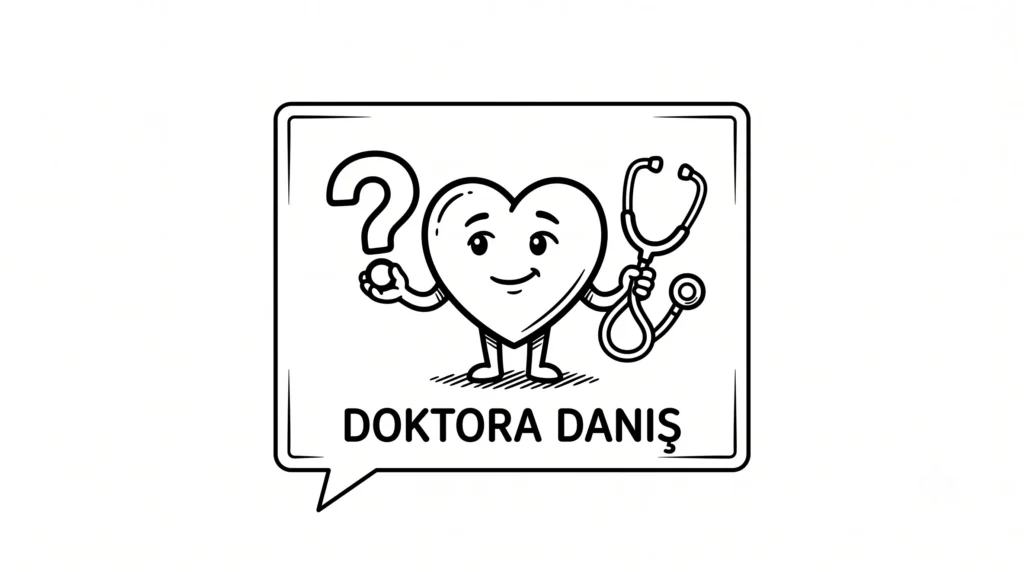 Bir elinde soru işareti, diğer elinde steteskop tutan karikatür kalp karakteri ve altında "DOKTORA DANIŞ" yazan konuşma balonu ikon çizimi.