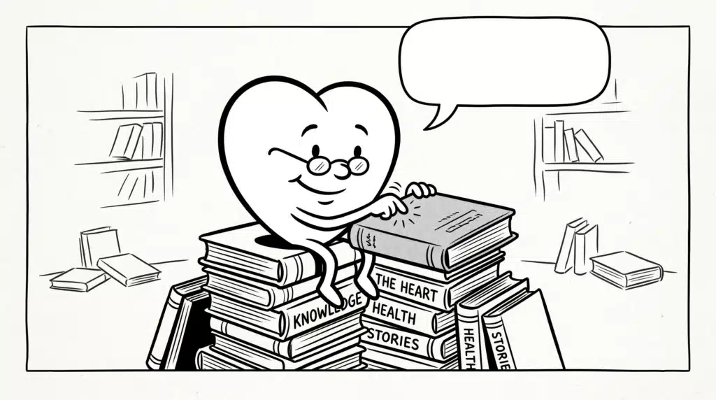 Açık konuşma balonu ile kitap yığınının üzerinde oturup kitap kapağına vuran okuma gözlüklü sevimli kalp karakteri illüstrasyonu.