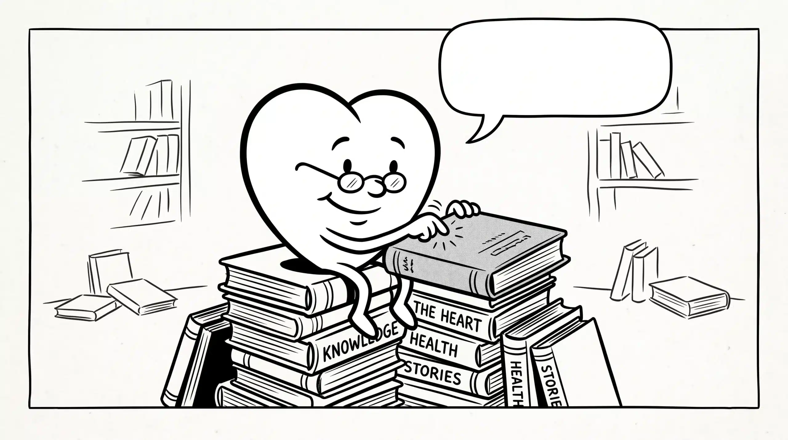Açık konuşma balonu ile kitap yığınının üzerinde oturup kitap kapağına vuran okuma gözlüklü sevimli kalp karakteri illüstrasyonu.
