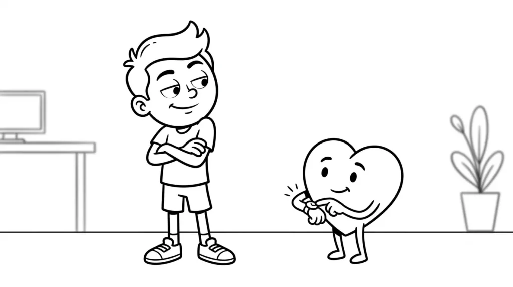 Kollarını kavuşturmuş kendine güvenen bir gencin yanında, kolundaki saati işaret ederek zamanın geldiğini hatırlatan karikatür kalp karakteri siyah-beyaz çizimi.
