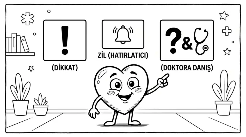 yakta duran ve eliyle üç bilgi kutusunu işaret eden, gülümseyen, sevimli, karikatür şeklinde bir kalp karakterinin siyah-beyaz çizimi. Bilgi kutularında (DİKKAT), ZİL (HATIRLATICI) ve (DOKTORA DANIŞ) yazıyor.