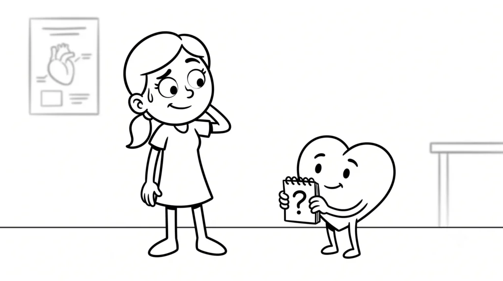 Yorgun görünen bir kadın karakterin yanında, üzerinde soru işareti olan not defterini gösteren neşeli bir karikatür kalp karakteri siyah-beyaz çizimi.