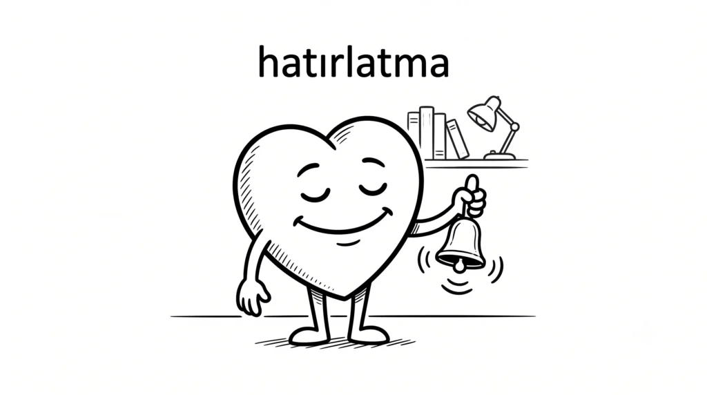 Elinde küçük bir zil çalan, huzurlu ve gülümseyen karikatür kalp karakteri ve üzerinde "hatırlatma" yazısı olan siyah-beyaz çizim.