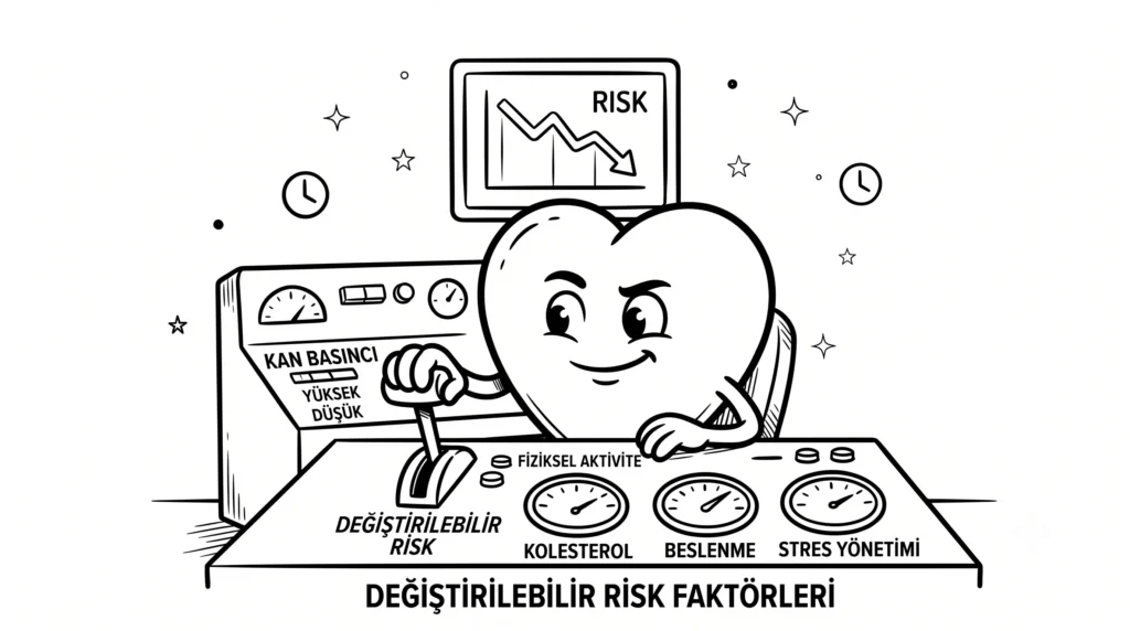 Siyah-beyaz çizgi film tarzında, bir kontrol panelinin önünde duran ve "Değiştirilebilir Risk" kolunu tutan sevimli bir kalp karakteri. Panelde "Kan Basıncı", "Kolesterol", "Beslenme", "Fiziksel Aktivite" ve "Stres Yönetimi" göstergeleri; arkada ise düşen bir risk grafiği görülüyor.