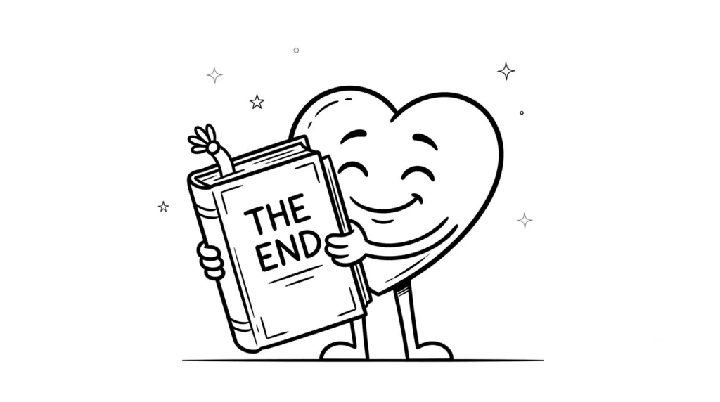 Siyah beyaz çizgi film tarzında, üzerinde "THE END" yazan kitabı huzurla kapatmış, içi ayraçlı sevimli kalp karakteri illüstrasyonu.