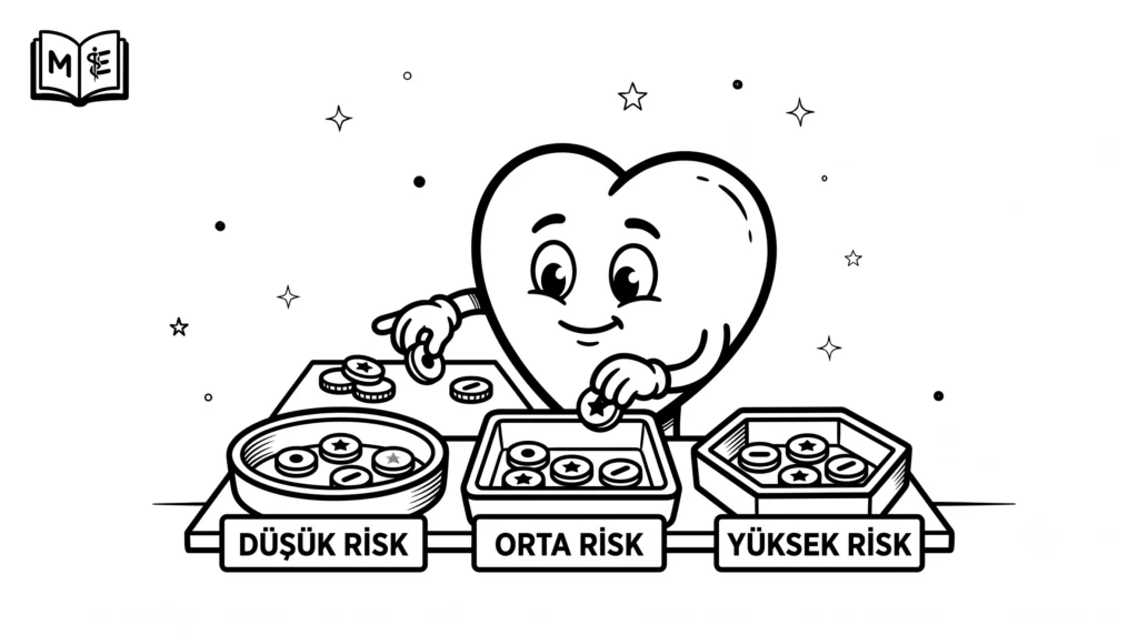 Siyah beyaz çizgi film tarzında, önündeki küçük jetonları "Düşük Risk", "Orta Risk" ve "Yüksek Risk" yazılı kutulara düzenle ayıran sevimli kalp karakteri.