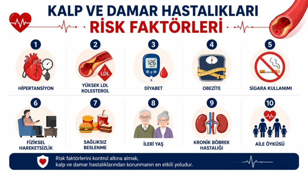 Kalp ve damar hastalıkları için başlıca risk faktörlerini gösteren infografik: hipertansiyon, yüksek LDL kolesterol, diyabet, obezite, sigara kullanımı, fiziksel hareketsizlik, sağlıksız beslenme, ileri yaş, kronik böbrek hastalığı ve aile öyküsü.