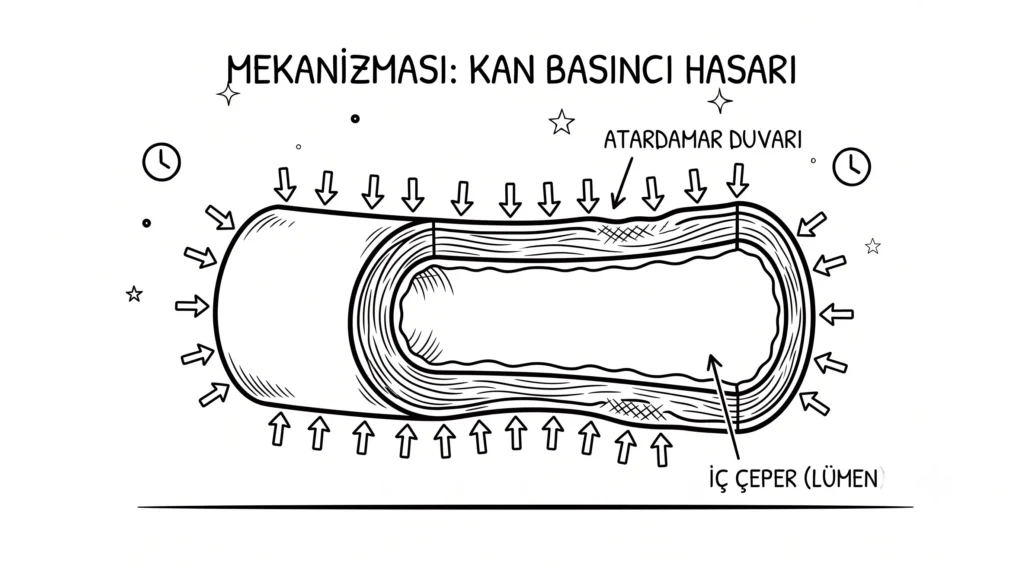 Siyah beyaz çizgi film tarzında, tüp şeklinde bir atardamar kesiti; dışarıdan içeriye doğru damar duvarlarına baskı uygulayan oklar, "Atardamar Duvarı" ve "İç Çeper (Lümen)" etiketleriyle kan basıncı hasarı mekanizması.