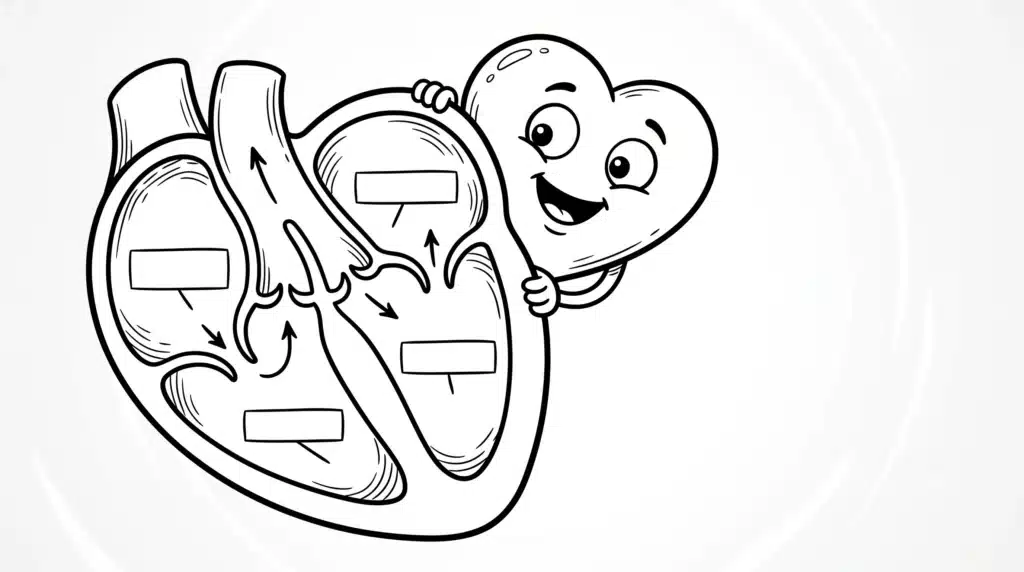 Siyah beyaz karikatür tarzında çizilmiş, dört odacıklı kalp anatomisi diyagramı ve arkasından gülümseyerek bakan sevimli kalp karakteri