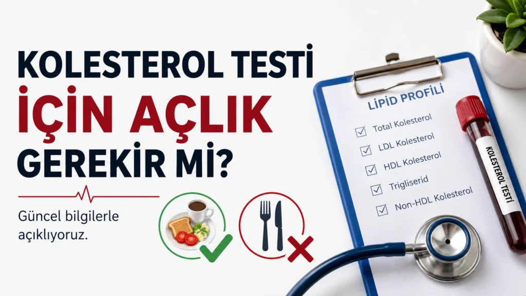 Kolesterol testi için açlık gerekir mi sorusunu lipid profili ve kan testi görselleriyle açıklayan tıbbi görsel