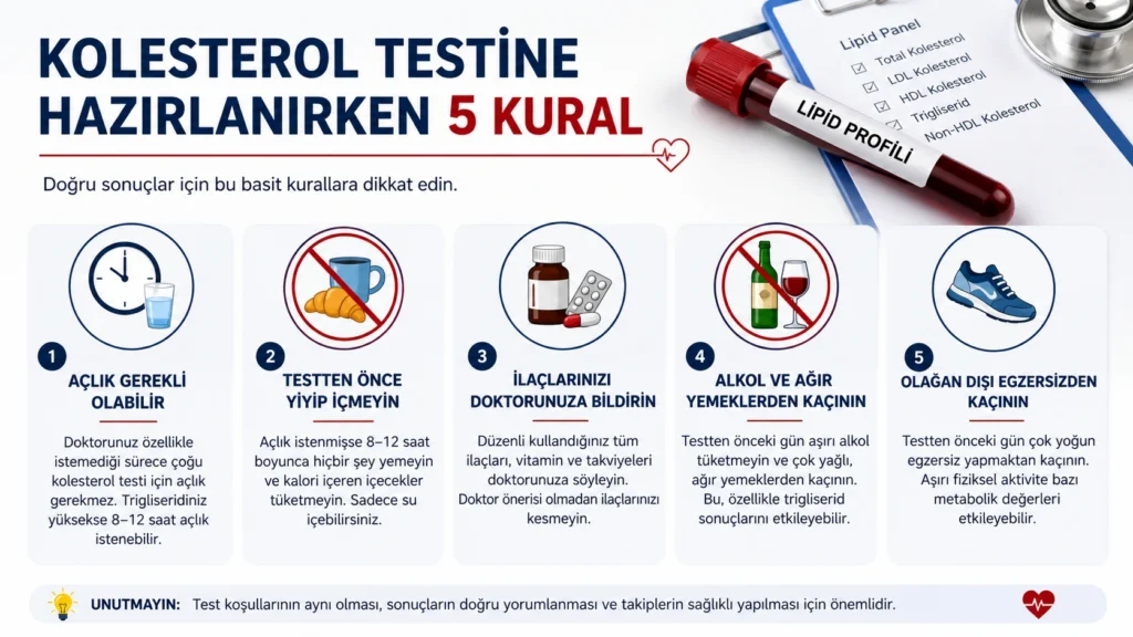 Kolesterol testine hazırlanırken dikkat edilmesi gereken 5 kuralı açıklayan tıbbi infografik