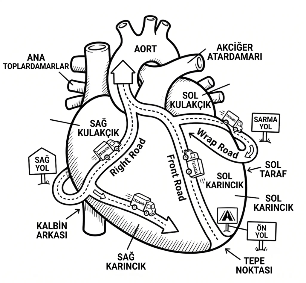 Siyah beyaz çizgi roman tarzında, kalbi besleyen ana koroner arterleri birer karayolu ve teslimat rotası olarak gösteren İngilizce etiketli anatomi diyagramı.