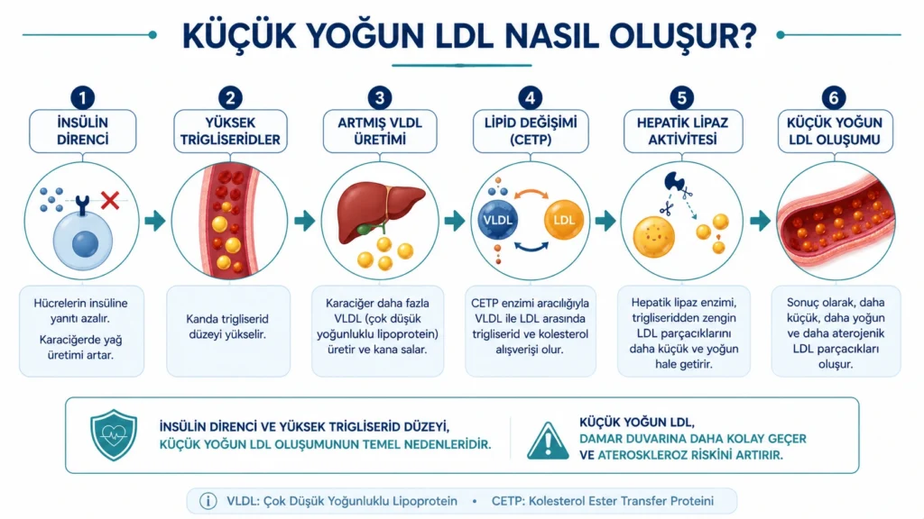 İnsülin direnci ve yüksek trigliserid sonucu küçük yoğun LDL oluşumunu gösteren akış şeması.