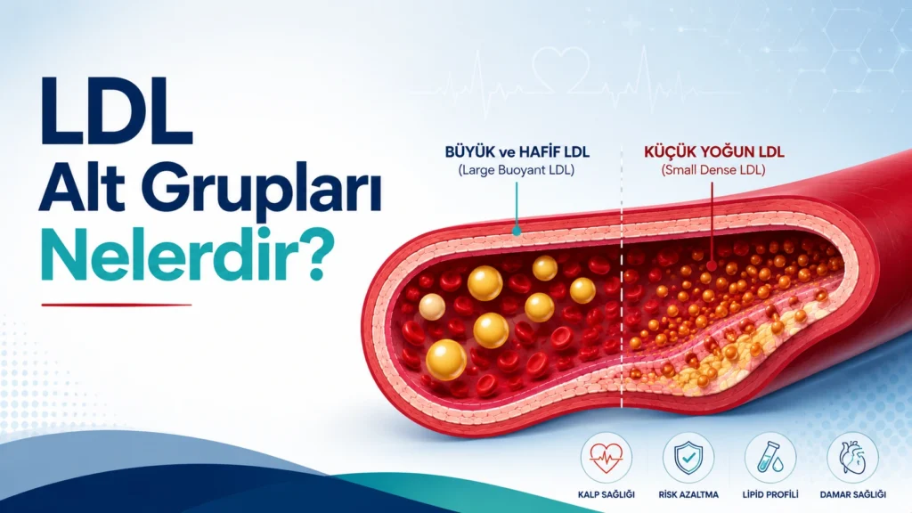 LDL alt gruplarını gösteren büyük LDL ve küçük yoğun LDL parçacıklarının karşılaştırıldığı tıbbi illüstrasyon.