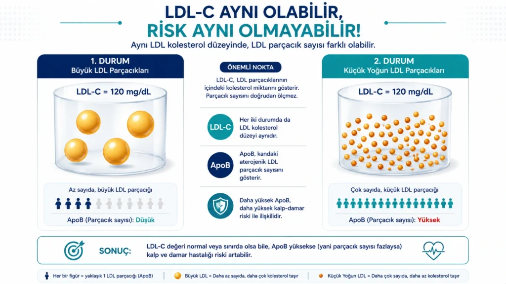 Aynı LDL kolesterol düzeyine rağmen farklı LDL parçacık sayısını gösteren infografik.