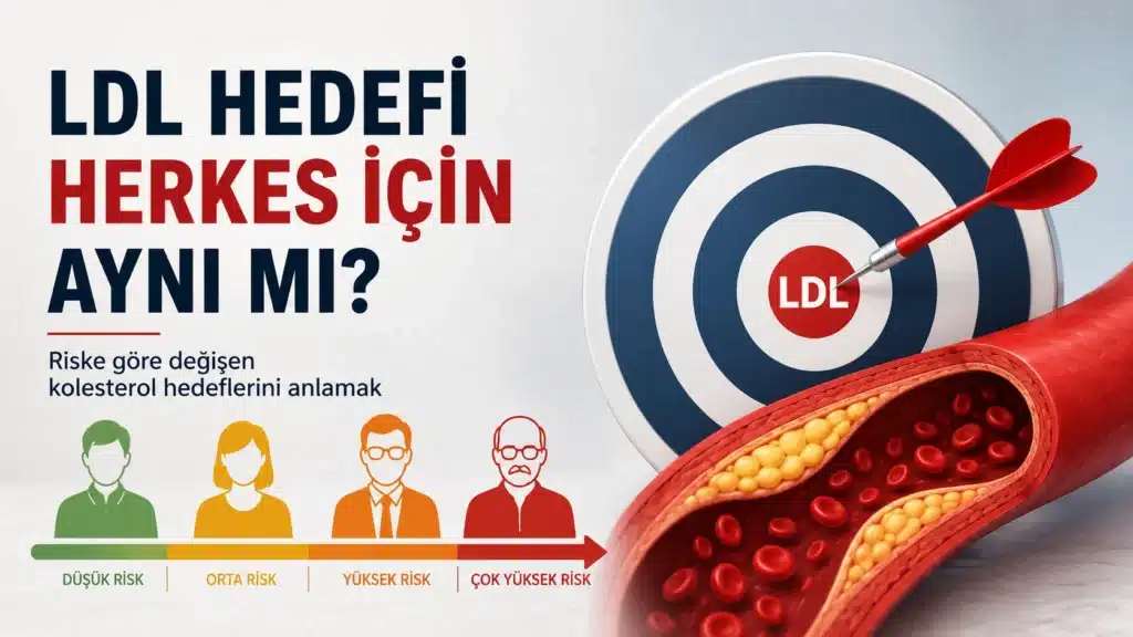 LDL hedefinin kişiye göre değiştiğini gösteren, düşük riskten çok yüksek riske kadar farklı LDL kolesterol hedeflerini ve hedef tahtasını içeren tıbbi infografik.