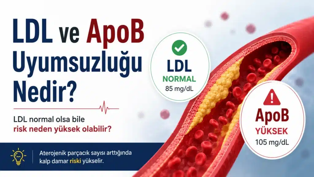 LDL kolesterol normal olmasına rağmen ApoB yüksekliğinin kalp damar riskini artırabileceğini gösteren LDL ve ApoB uyumsuzluğu infografiği.