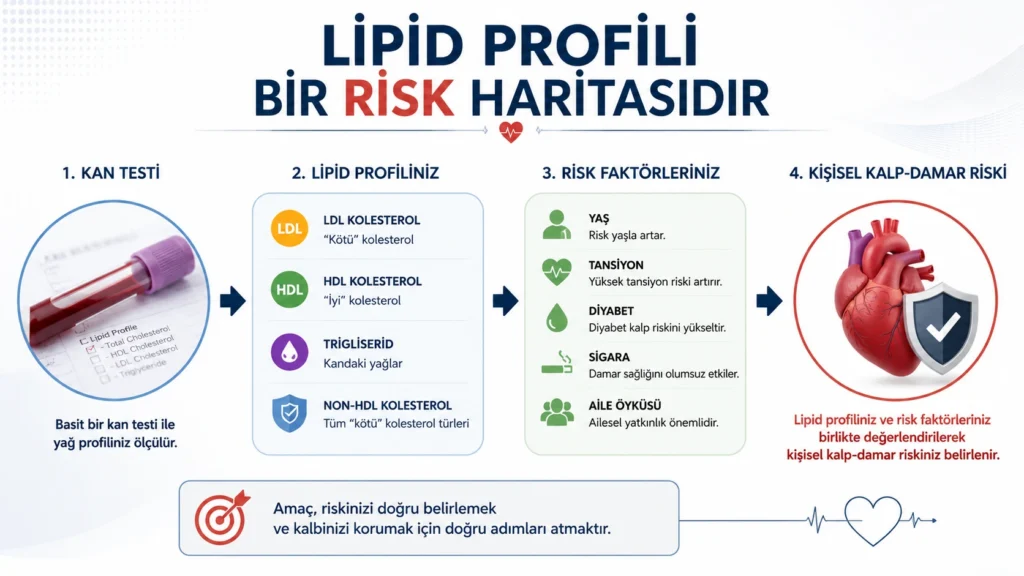 Lipid profilinin LDL, HDL, trigliserid ve non-HDL kolesterol değerleri ile yaş, tansiyon, diyabet, sigara ve aile öyküsü birlikte değerlendirilerek kişisel kalp-damar riskinin belirlendiğini gösteren infografik.