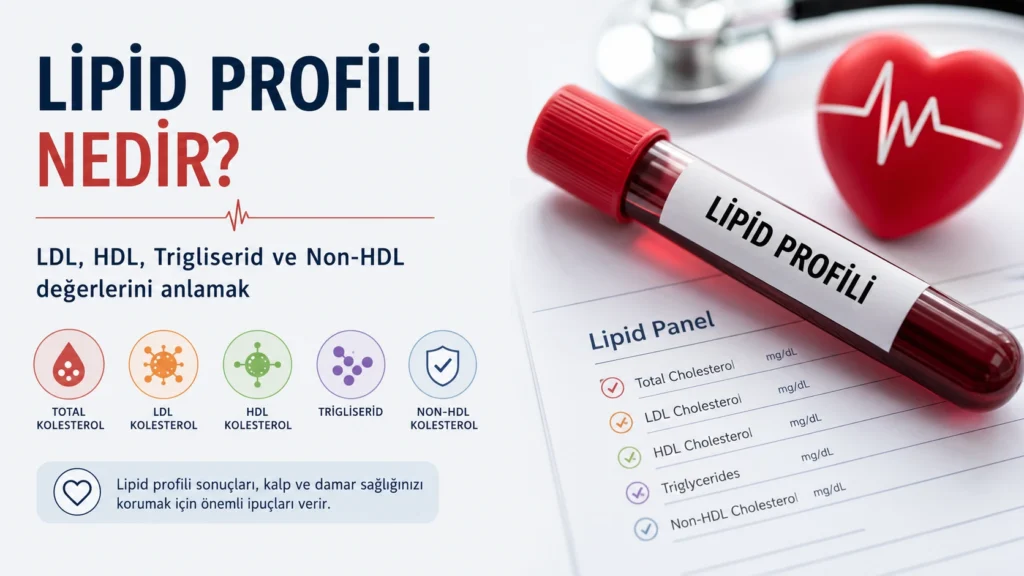 Lipid profili nedir? LDL, HDL, trigliserid, total kolesterol ve non-HDL kolesterol değerlerini gösteren tıbbi görsel.