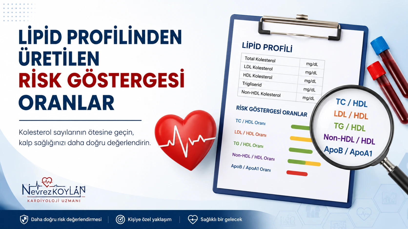 Lipid profilinden üretilen TC/HDL, LDL/HDL, TG/HDL, non-HDL/HDL ve ApoB/ApoA1 kardiyovasküler risk göstergesi oranlarını anlatan infografik