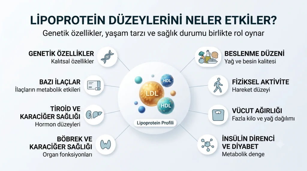 Açık gri-mavi arka plan üzerinde lipoprotein düzeylerini etkileyen unsurları gösteren çok yönlü tıbbi infografik. Üstte "LİPOPROTEİN DÜZEYLERİNİ NELER ETKİLER? - Genetik özellikler, yaşam tarzı ve sağlık durumu birlikte rol oynar" başlığı yer almaktadır. Merkezde "Lipoprotein Profili" yazılı beyaz bir daire içinde 3D LDL ve HDL parçacıkları bulunmaktadır. Bu merkezin çevresinde ince çizgilerle bağlanan Genetik Özellikler, Bazı İlaçlar, Tiroid Sağlığı, Böbrek ve Karaciğer Sağlığı, Beslenme Düzeni, Fiziksel Aktivite, Vücut Ağırlığı, İnsülin Direnci ve Diyabet olmak üzere 8 ayrı faktör, sade tıbbi ikonlar ve Türkçe açıklamalarla dairesel olarak sıralanmıştır.