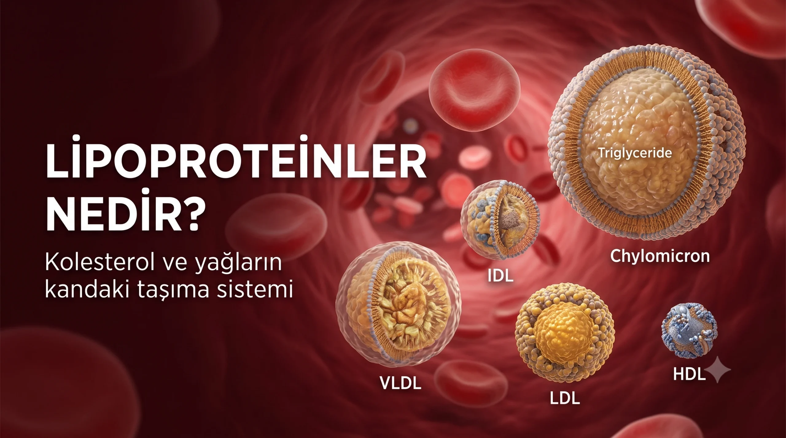Kan damarı içinde kırmızı kan hücreleri arasında yüzen Şilomikron, VLDL, IDL, LDL ve HDL lipoprotein parçacıklarının ultra gerçekçi 3D moleküler modellemesi. Sol tarafta büyük beyaz harflerle "LİPOPROTEİNLER NEDİR? Kolesterol ve yağların kandaki taşıma sistemi" başlığı yer almaktadır.