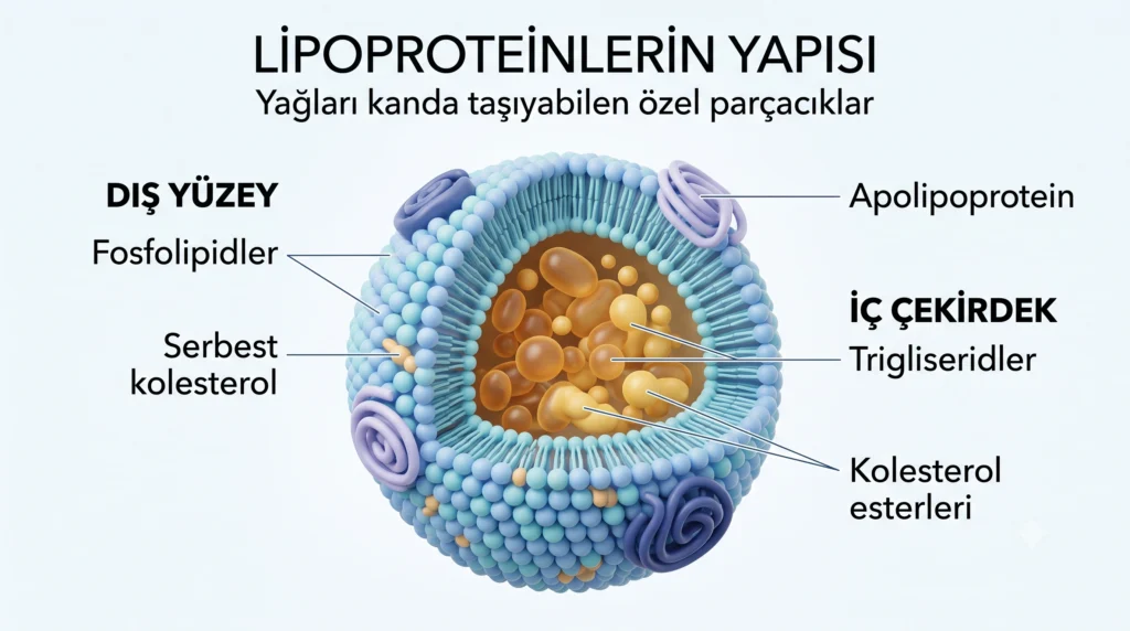 Temiz, açık gri-mavi bir arka plan üzerinde bir lipoprotein parçacığının kesit görünümünü gösteren tıbbi infografik. Üstte "LİPOPROTEİNLERİN YAPISI - Yağları kanda taşıyabilen özel parçacıklar" başlığı yer almaktadır. Şemada dış yüzeydeki Fosfolipidler, Serbest kolesterol ve mor renkli Apolipoprotein yapıları ile iç çekirdekteki kehribar renkli Trigliseridler ve altın sarısı Kolesterol esterleri net bağlantı çizgileri ve Türkçe etiketlerle gösterilmektedir.