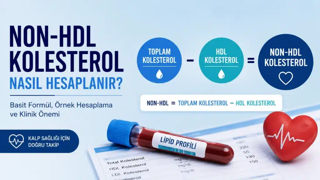 Non-HDL kolesterolün toplam kolesterolden HDL kolesterol çıkarılarak hesaplanmasını gösteren, lipid profili tüpü ve kalp simgesi içeren tıbbi infografik.