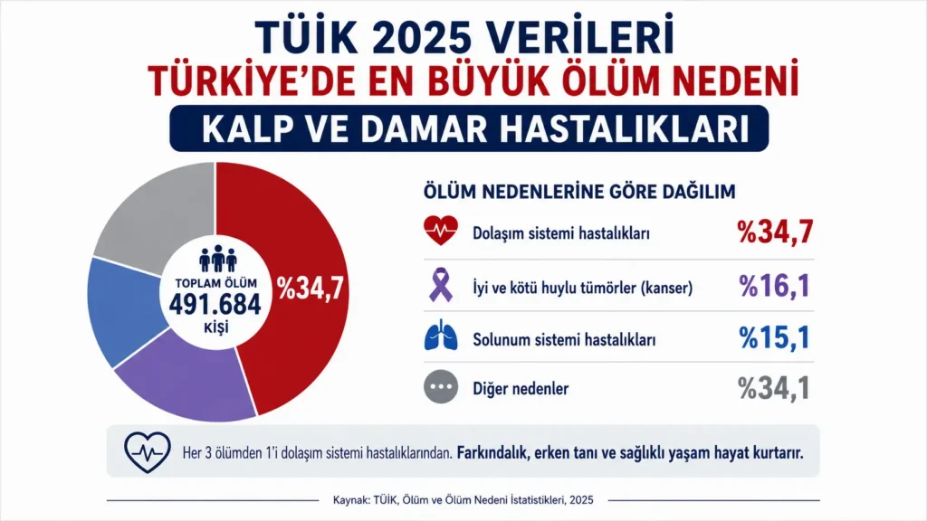 TÜİK 2025 ölüm istatistiklerini gösteren infografikte Türkiye'de ölümlerin %34,7'sinin dolaşım sistemi hastalıklarından, %16,1'inin kanserden ve %15,1'inin solunum sistemi hastalıklarından kaynaklandığı gösterilmektedir.