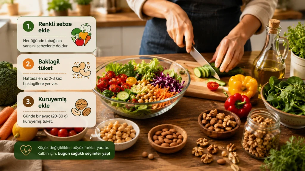 Renkli sebzelerle salata hazırlayan bir kişinin yanında baklagil ve kuruyemiş tüketimi için pratik sağlıklı beslenme önerilerini gösteren mutfak görseli