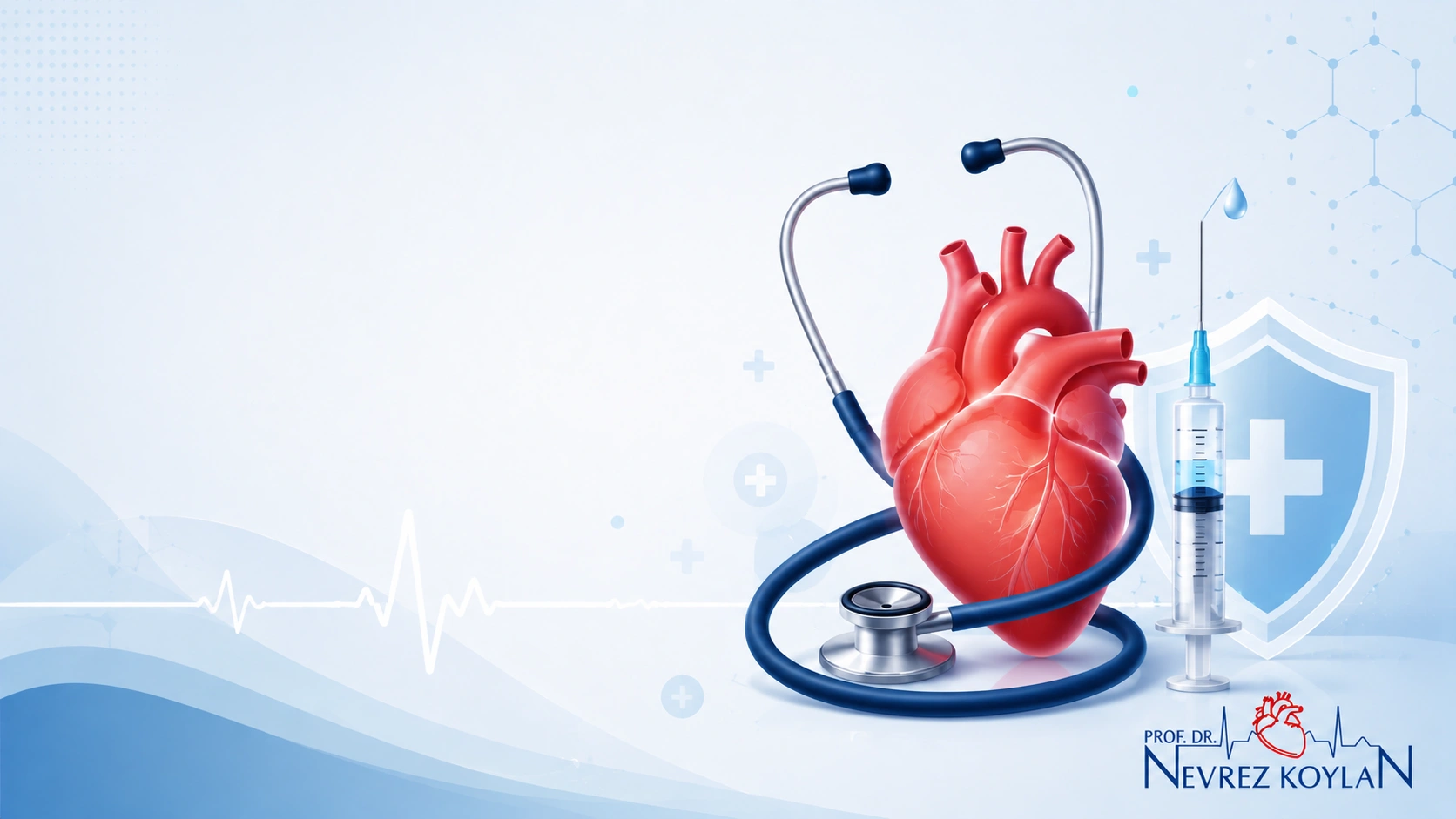 Kalp sağlığı ile aşılar arasındaki ilişkiyi simgeleyen anatomik kalp, stetoskop, aşı şırıngası, koruyucu kalkan ve EKG çizgisi içeren tıbbi blog kapak görseli