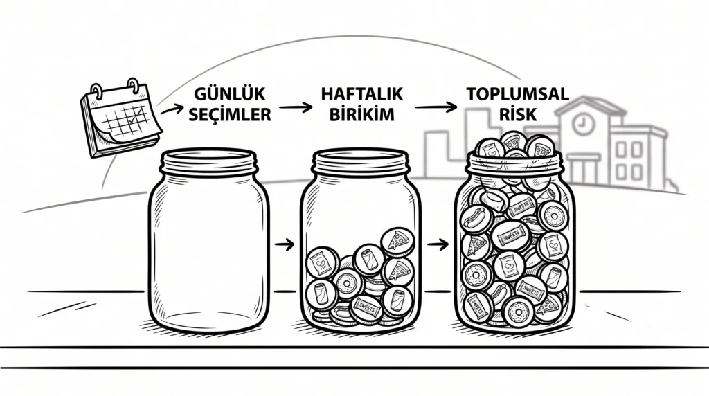 Zaman içindeki risk birikimini gösteren üçlü kavanoz dizilimi: Boş kavanozdan 'Günlük Seçimler', 'Haftalık Birikim' ve içi atıştırmalık pullarıyla dolu 'Toplumsal Risk' aşamalarına uzanan siyah beyaz rehber illüstrasyonu.