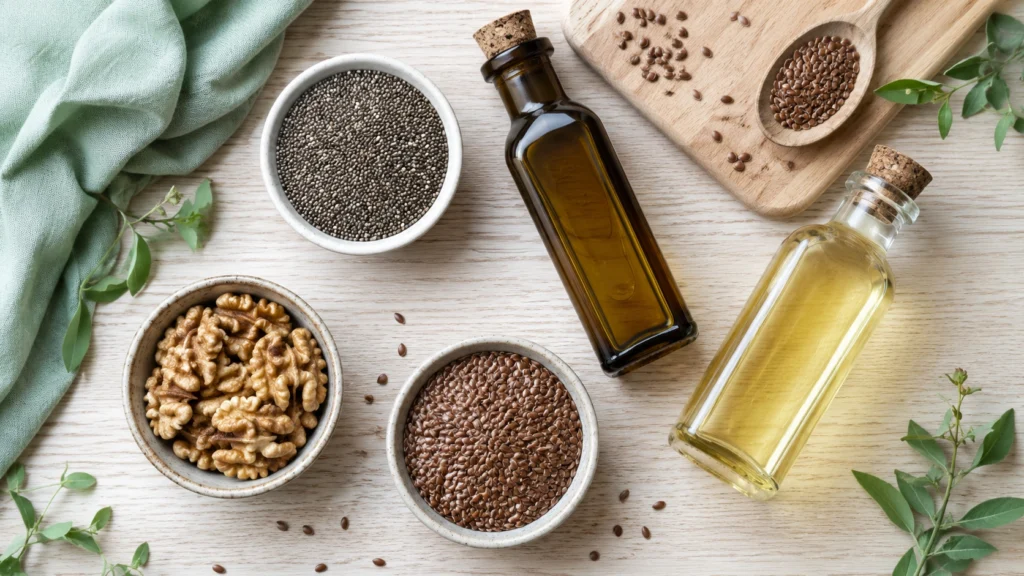 Chia tohumu, ceviz, keten tohumu, soğuk sıkım keten tohumu yağı ve kanola yağı gibi bitkisel omega-3 kaynaklarını gösteren flat lay besin görseli