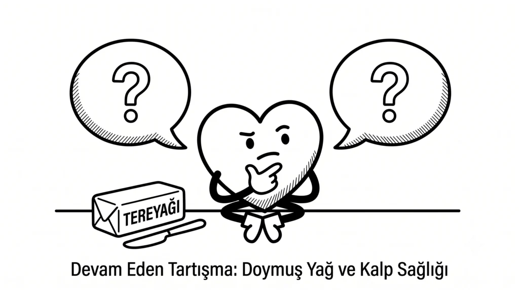 Doymuş yağlar ve kalp sağlığı arasındaki tartışmayı simgeleyen siyah beyaz çizim. Yanında tereyağı duran düşünceli bir kalp karakteri, soru işaretleriyle dolu konuşma balonları arasında oturuyor.