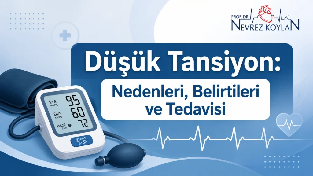 Düşük tansiyonun nedenleri, belirtileri ve tedavisini anlatan, tansiyon ölçüm cihazı ve EKG çizgisi içeren tıbbi kapak görseli