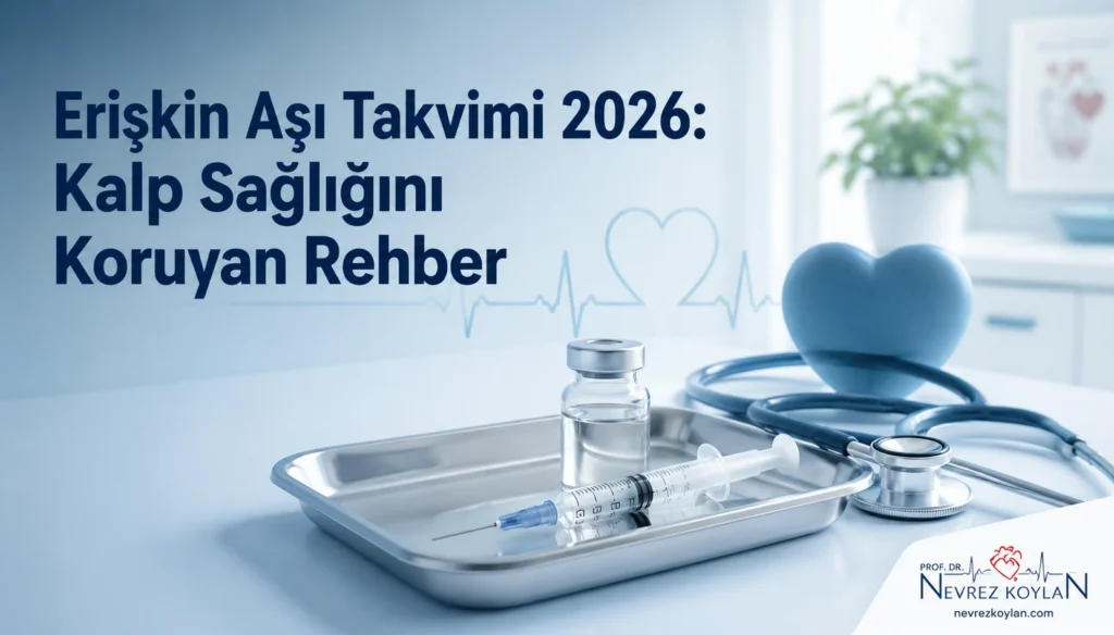Erişkin aşı takvimini ve kalp sağlığını konu alan, aşı şırıngası ve flakon, stetoskop, kalp ve EKG çizgisi içeren tıbbi blog kapak görseli