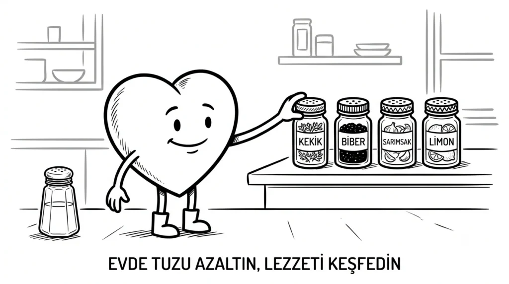 Tuzluk yerine baharatları tercih eden sevimli kalp figürü illüstrasyonu.