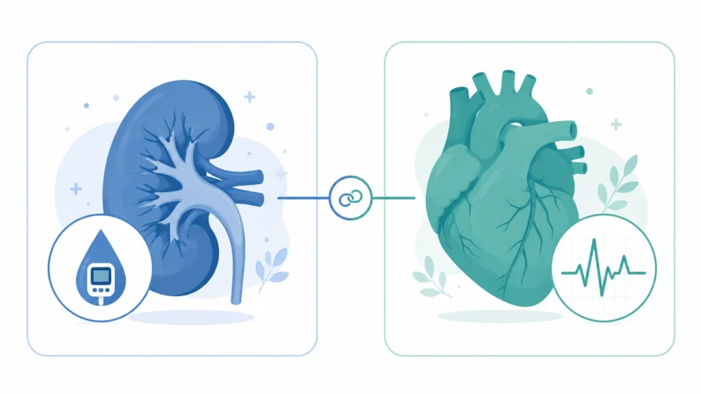 Böbrek hastalığı ve kalp sağlığı arasındaki ilişkiyi, böbrek figürü, kan şekeri ölçüm cihazı, kalp ve EKG dalga çizgisiyle gösteren tıbbi infografik