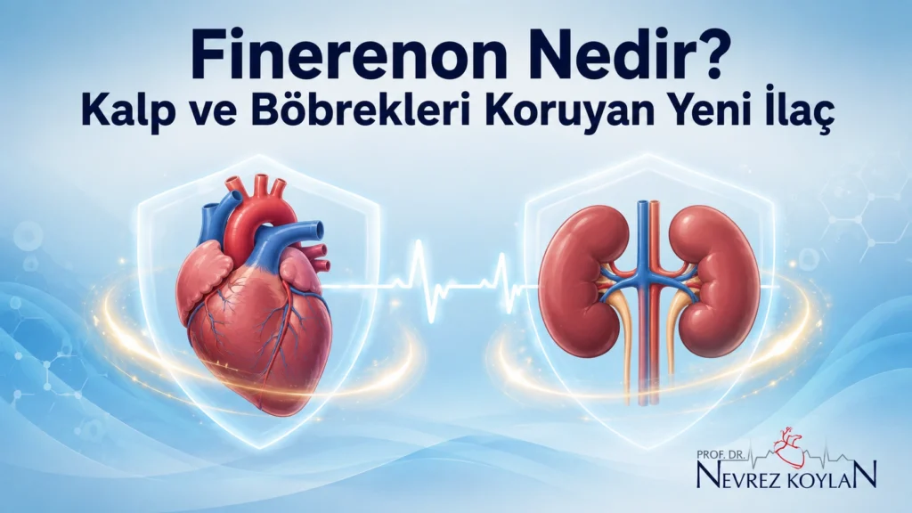 Finerenonun kalp ve böbrekleri korumadaki rolünü simgeleyen kalp ve böbrek illüstrasyonları arasında EKG çizgisi bulunan tıbbi blog kapak görseli