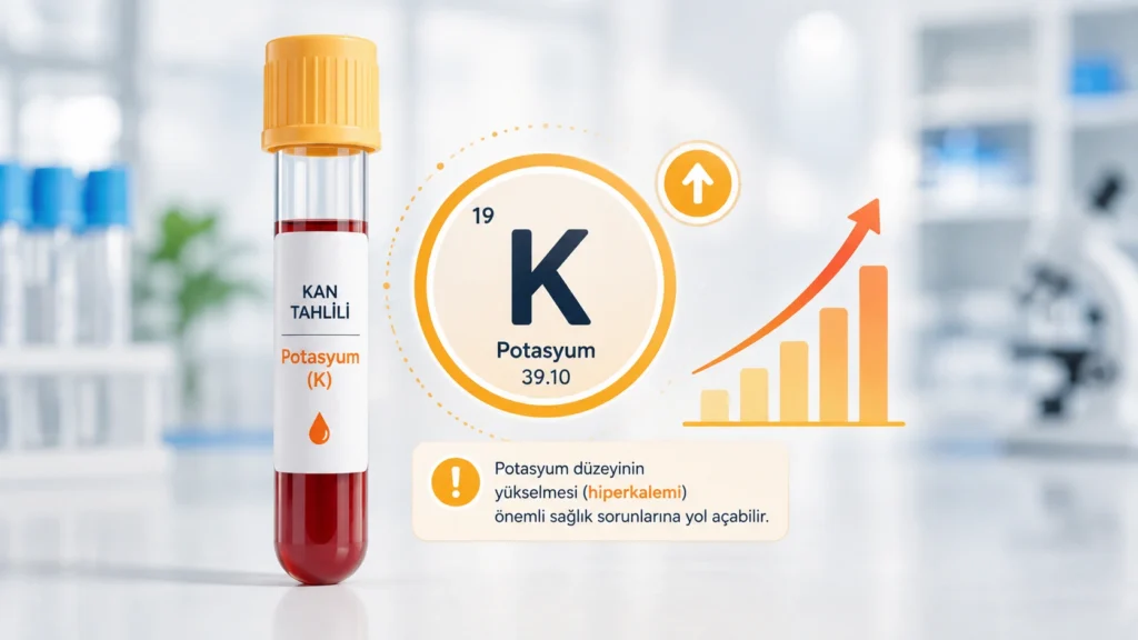 Kan tahlilinde potasyum (K) düzeyinin yükselmesini ve hiperkalemi riskini gösteren kan tüpü, potasyum simgesi ve yükselen grafik içeren tıbbi infografik