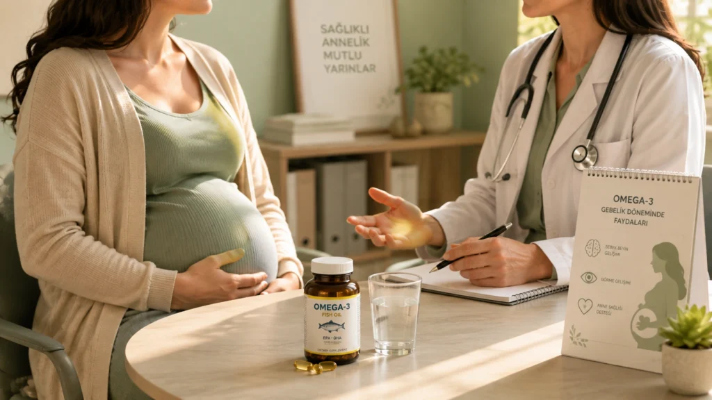 Gebe bir kadının doktoruyla omega-3 takviyesi kullanımı hakkında görüştüğü, masada omega-3 şişesi ve su bardağı bulunan sağlık illüstrasyonu