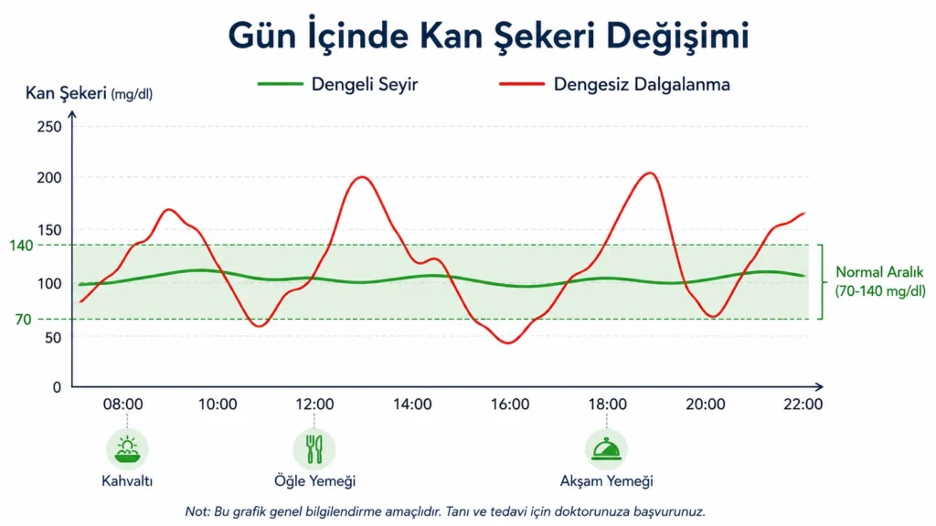 Gün içinde kan şekeri değişimini gösteren, dengeli seyir ile dengesiz dalgalanmayı karşılaştıran grafik