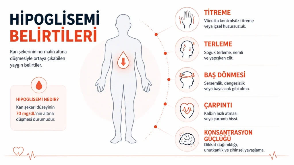 Hipogliseminin titreme, terleme, baş dönmesi, çarpıntı ve konsantrasyon güçlüğü gibi belirtilerini gösteren tıbbi infografik