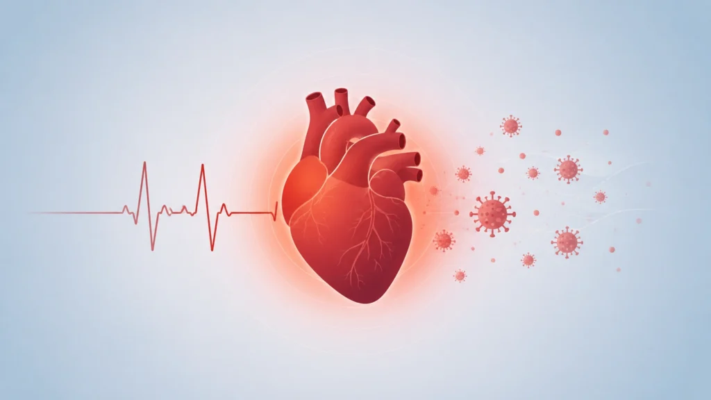 Kalp çevresindeki inflamasyonu ve virüs partiküllerini EKG dalgasıyla birlikte gösteren, açık mavi tonlarda minimalist tıbbi illüstrasyon