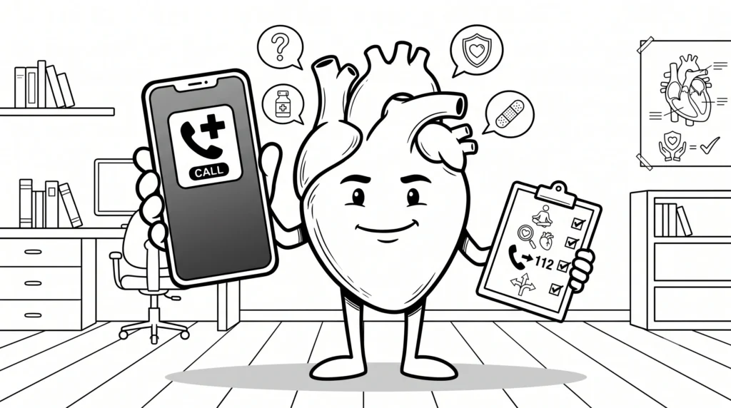 Sakin dinlenme ile CPR (kalp masajı) ve elektroşok (AED) yolları arasında duran gözlüklü karikatür kalp karakteri siyah beyaz illüstrasyonu.