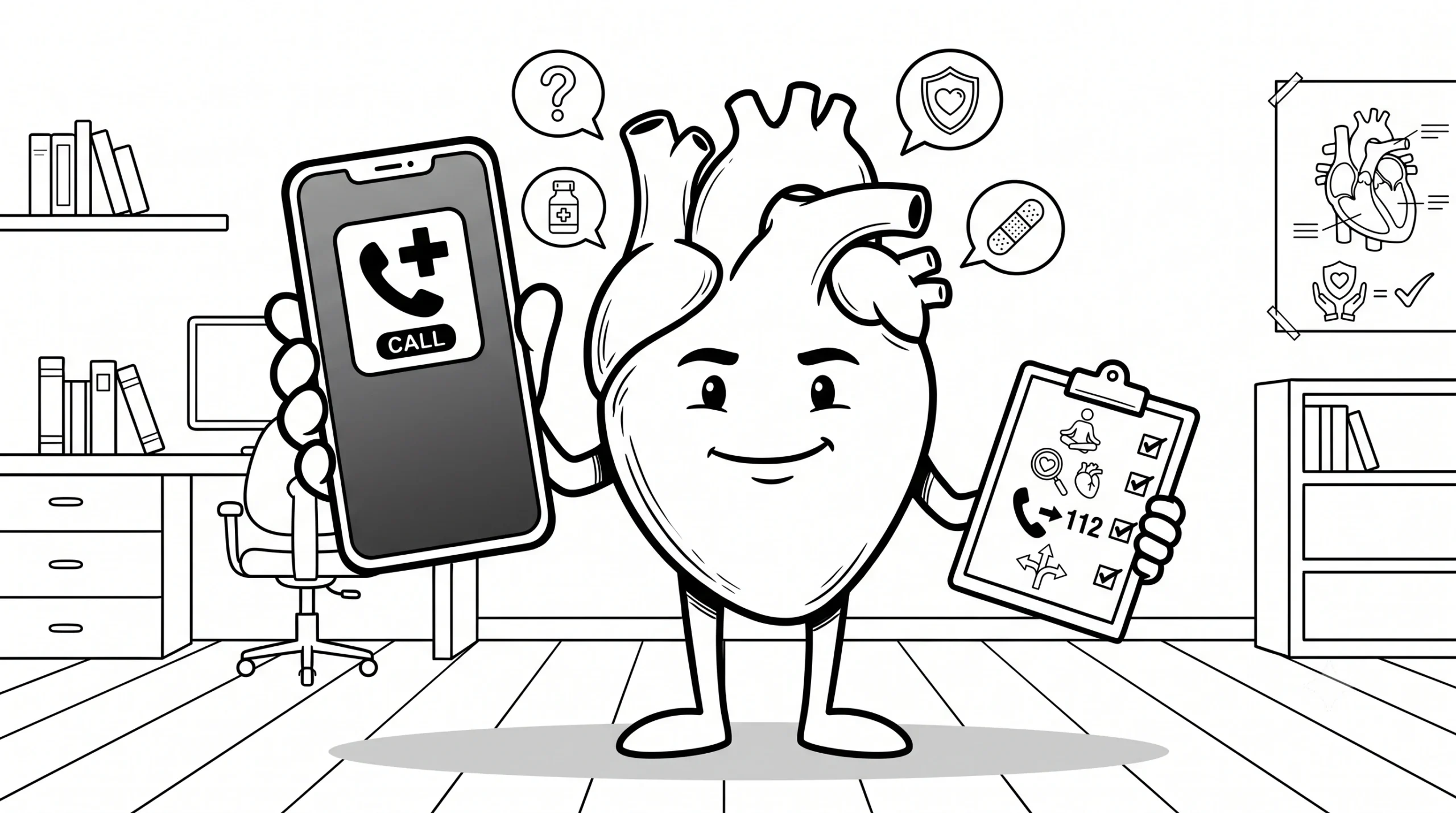 Sakin dinlenme ile CPR (kalp masajı) ve elektroşok (AED) yolları arasında duran gözlüklü karikatür kalp karakteri siyah beyaz illüstrasyonu.