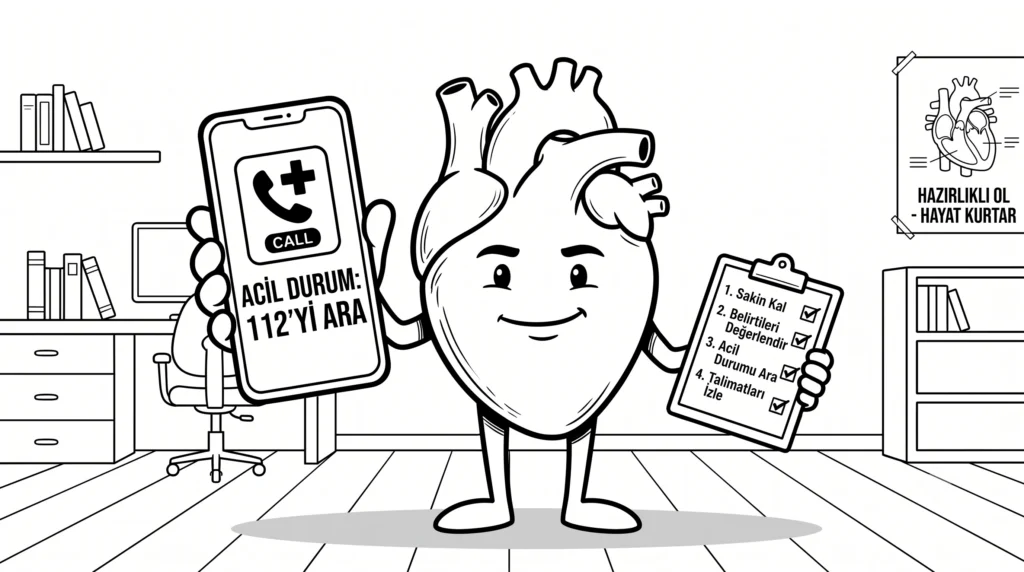 112 acil çağrı ve kalp krizi müdahale adımlarını içeren siyah-beyaz karikatür illüstrasyonu.