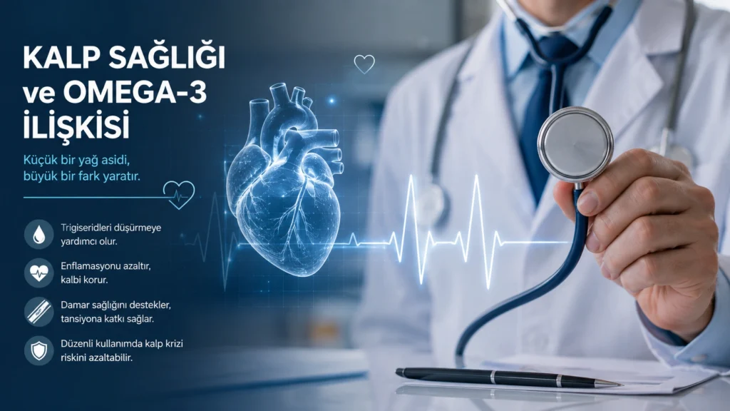 Kalp sağlığı ile omega-3 arasındaki ilişkiyi gösteren, stetoskop, kalp ve EKG çizgisi içeren tıbbi görsel