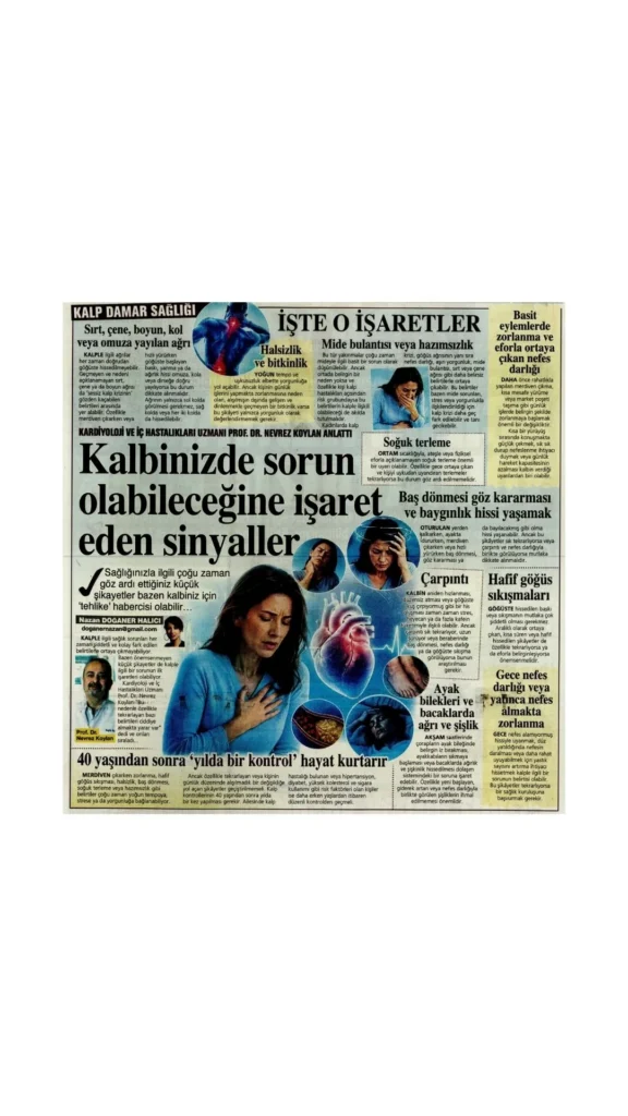 Kalp sorunu olabileceğini gösteren göğüs ağrısı, çarpıntı, nefes darlığı ve baş dönmesi gibi belirtiler