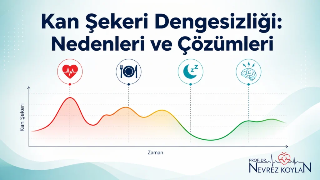 Kan şekeri dengesizliğinin nedenlerini ve çözümlerini anlatan, glukoz eğrisi, kalp, beslenme, uyku ve stres ikonları içeren tıbbi infografik
